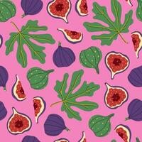 Seamless pattern with fig fruits and leaves on a pink background. graphics. vector
