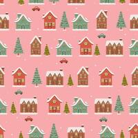 Christmas seamless pattern with winter houses and fir trees on a pink background. graphics. vector