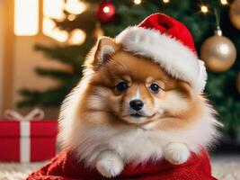 Red Pomeranian Spitz puppy in a Santa hat on a christmas background photo