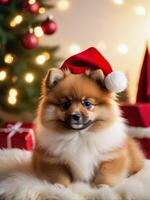 Red Pomeranian Spitz puppy in a Santa hat on a christmas background photo