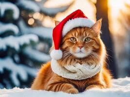 red fluffy cat in a santa hat and scarf on a winter background photo