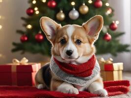 Corgi dog in santa hat and scarf on christmas background photo