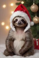Cute sloth in santa hat on new year background photo
