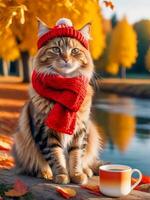 red fluffy cat in a scarf and hat with a cup of coffee on an autumn background photo