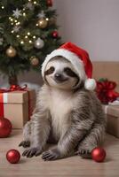 Cute sloth in santa hat on new year background photo