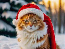 red fluffy cat in a santa hat and scarf on a winter background photo