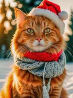 red fluffy cat in a santa hat and scarf on a winter background photo