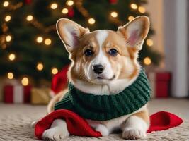 Corgi dog in santa hat and scarf on christmas background photo