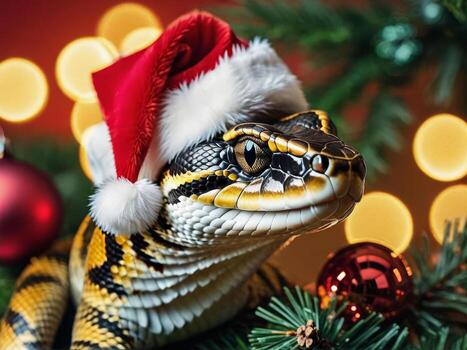 Snake in santa hat symbol of 2025 on a New Year's background photo