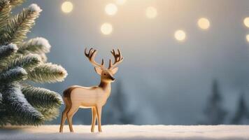 figurine of a wooden deer on a minimalistic New Year's background in Scandinavian style photo