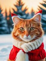 red fluffy cat in a santa hat and scarf on a winter background photo