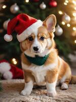 Corgi dog in santa hat and scarf on christmas background photo