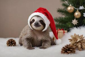 Cute sloth in santa hat on new year background photo