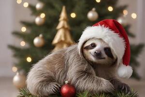 Cute sloth in santa hat on new year background photo