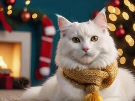 white fluffy cat in a santa hat on a christmas background photo