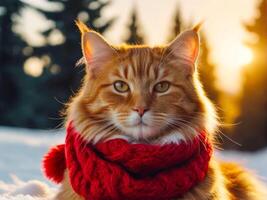 red fluffy cat in a red scarf on a winter background photo