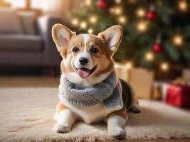 Corgi dog in santa hat and scarf on christmas background photo