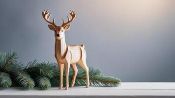 figurine of a wooden deer on a minimalistic New Year's background in Scandinavian style photo