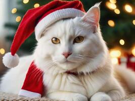 white fluffy cat in a santa hat on a christmas background photo