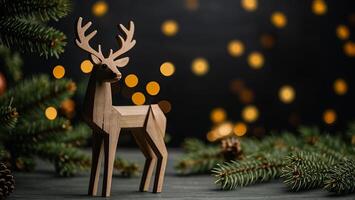 figurine of a wooden deer on a minimalistic New Year's background in Scandinavian style photo