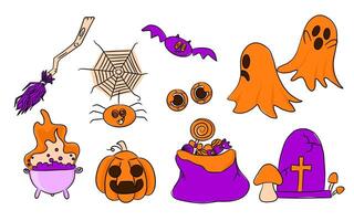 icon and element collection for Helloween greeting card and poster, party sign. Concept illustration with Sign and symbol. Flat design cartoon. vector