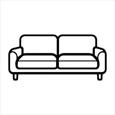 A black and white line drawing of a couch