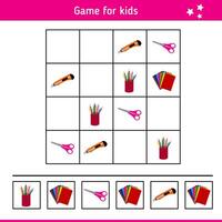 Sudoku with Stationery. Kids Educational Game, Logical Task, Riddle, Quiz for Children vector
