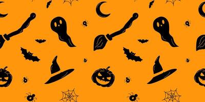 Seamless Halloween Pattern with Black Elements on an Orange Background for Textile, Fabric, Wrapping Paper vector