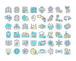 Industry 5.0 RGB color icons set. Artificial intelligence. Automation. Smart factories. Digital transformation. Isolated illustrations. Simple filled line drawings collection. Editable stroke vector
