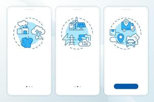 CO2 emissions blue onboarding mobile app screen. Walkthrough 3 steps editable graphic instructions with linear concepts. UI, UX, GUI template vector