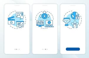 Movie marketing blue onboarding mobile app screen. Walkthrough 3 steps editable graphic instructions with linear concepts. UI, UX, GUI template vector