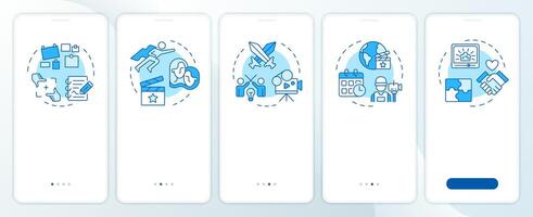 Story elements blue onboarding mobile app screen. Walkthrough 5 steps editable graphic instructions with linear concepts. UI, UX, GUI template vector