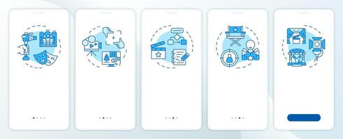 Film narrative blue onboarding mobile app screen. Walkthrough 5 steps editable graphic instructions with linear concepts. UI, UX, GUI template vector