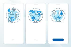 Net-zero emission blue onboarding mobile app screen. Walkthrough 3 steps editable graphic instructions with linear concepts. UI, UX, GUI template vector