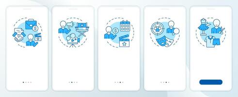 Film crew management blue onboarding mobile app screen. Walkthrough 5 steps editable graphic instructions with linear concepts. UI, UX, GUI template vector