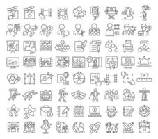 Film production linear icons set. Filmmaking, graphy. Narrative, storytelling. Television, entertainment. Customizable thin line symbols. Isolated outline illustrations. Editable stroke vector