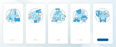 Film pre-production blue onboarding mobile app screen. Walkthrough 5 steps editable graphic instructions with linear concepts. UI, UX, GUI template vector