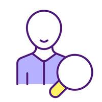 Searching man RGB color icon. Employment, hiring. Observation magnifier, monitoring. Recruitment, personnel control. Isolated illustration. Simple filled line drawing. Editable stroke vector