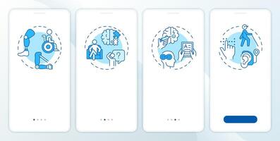 Disability types blue onboarding mobile app screen. Walkthrough 4 steps editable graphic instructions with linear concepts. UI, UX, GUI template vector