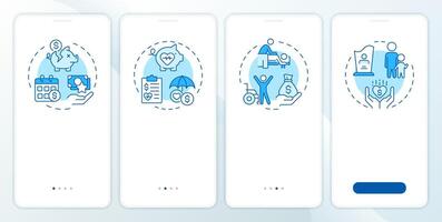 Workers compensation blue onboarding mobile app screen. Walkthrough 4 steps editable graphic instructions with linear concepts. UI, UX, GUI template vector
