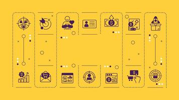 ABM yellow word concept. Marketing strategy, ppc. Sales statistics, customer acquisition. Horizontal image. Headline text surrounded by editable outline icons vector