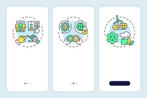 Pillars of industry 5.0 onboarding mobile app screen. Walkthrough 3 steps editable graphic instructions with linear concepts. UI, UX, GUI template vector