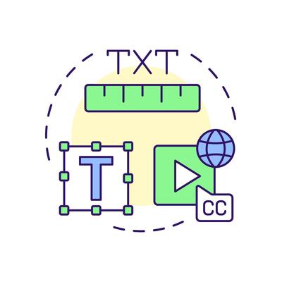 Titles and graphics multi color concept icon. Movie subtitles, captions. Filmmaking, storytelling. Round shape line illustration. Abstract idea. Graphic design. Easy to use in infographic