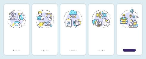Technologies of industry 5.0 onboarding mobile app screen. Walkthrough 5 steps editable graphic instructions with linear concepts. UI, UX, GUI template vector