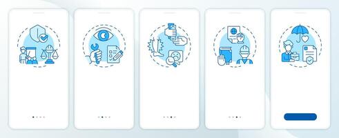 Safe work environment blue onboarding mobile app screen. Walkthrough 5 steps editable graphic instructions with linear concepts. UI, UX, GUI template vector