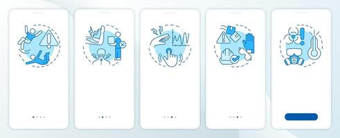 Workplace injury blue onboarding mobile app screen. Walkthrough 5 steps editable graphic instructions with linear concepts. UI, UX, GUI template vector