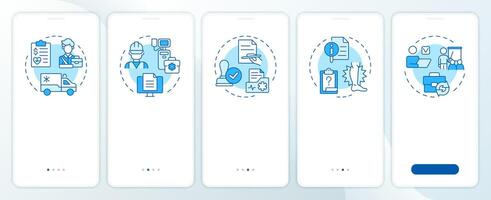 Workmens compensation claim blue onboarding mobile app screen. Walkthrough 5 steps editable graphic instructions with linear concepts. UI, UX, GUI template vector