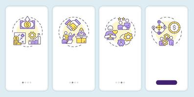 Benefits of abm onboarding mobile app screen. Sales cycle. Walkthrough 4 steps editable graphic instructions with linear concepts. UI, UX, GUI template vector
