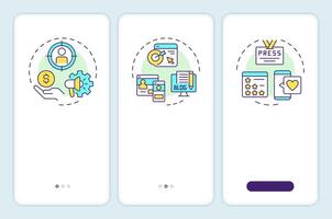 Digital marketing trifecta onboarding mobile app screen. Walkthrough 3 steps editable graphic instructions with linear concepts. UI, UX, GUI template vector