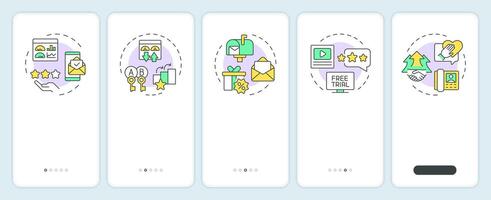 ABM tools onboarding mobile app screen. Seo marketing. Walkthrough 5 steps editable graphic instructions with linear concepts. UI, UX, GUI template vector